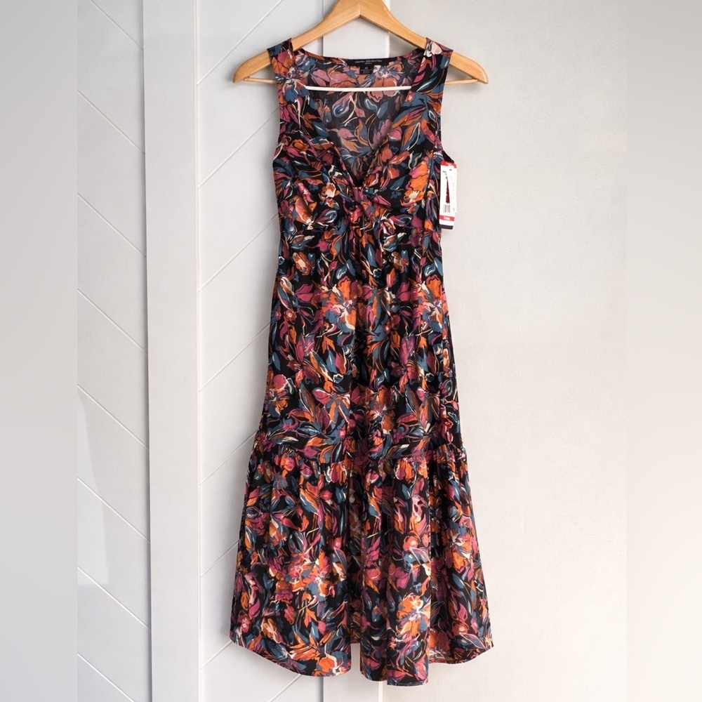 French Connection Cotton Twist Front Floral Midi Dress XS Multicolor NWT